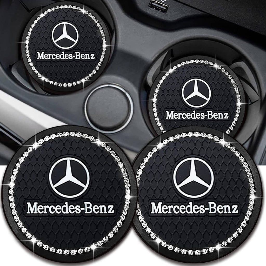 Black oval car cup holder coasters with Mercedes-Benz logo and rhinestone edge