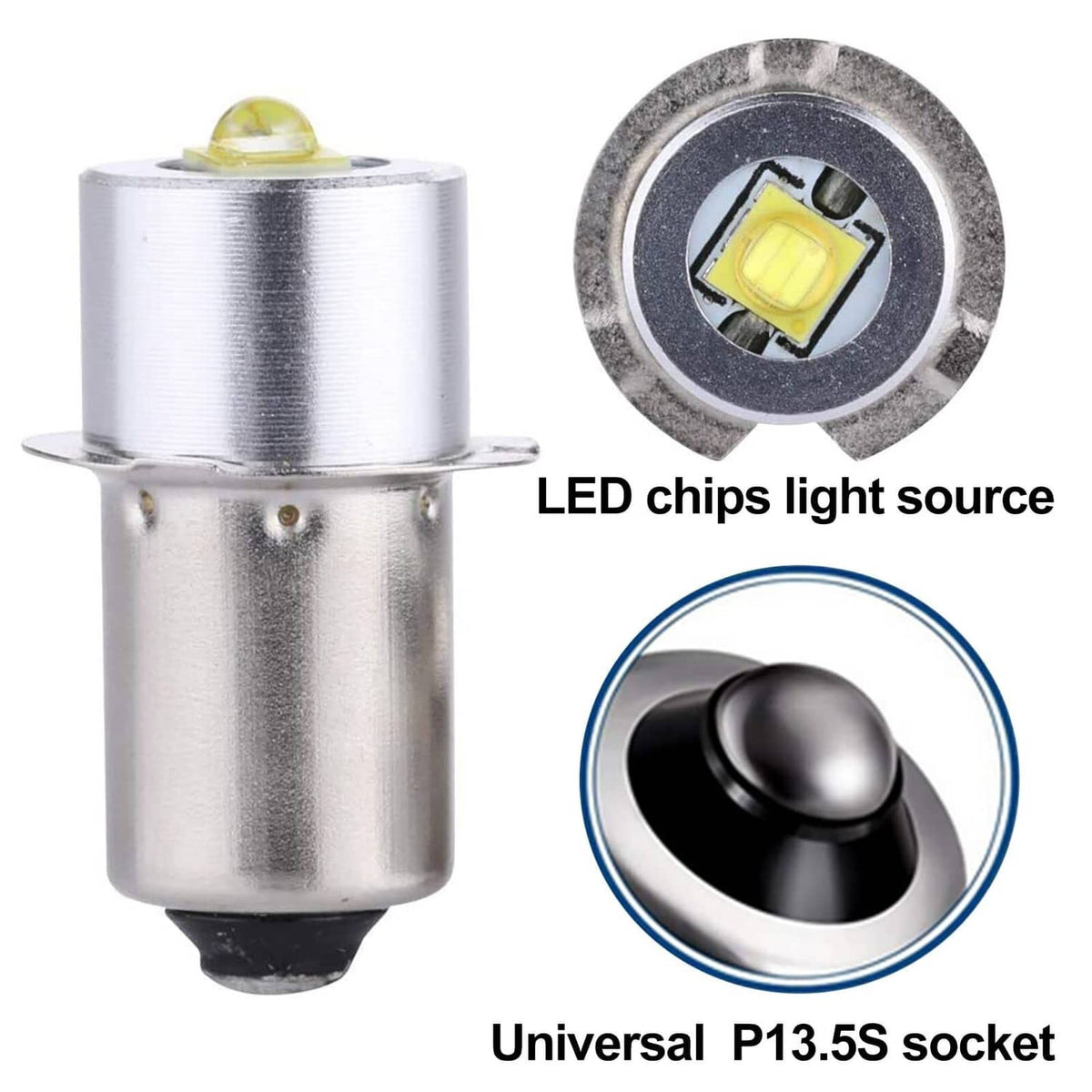 Universal P13.5S socket LED bulb with visible LED chip and silver housing