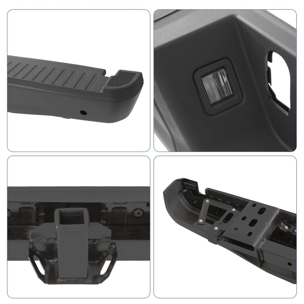 Black rear step bumper assembly with textured step and rectangular light/port detail