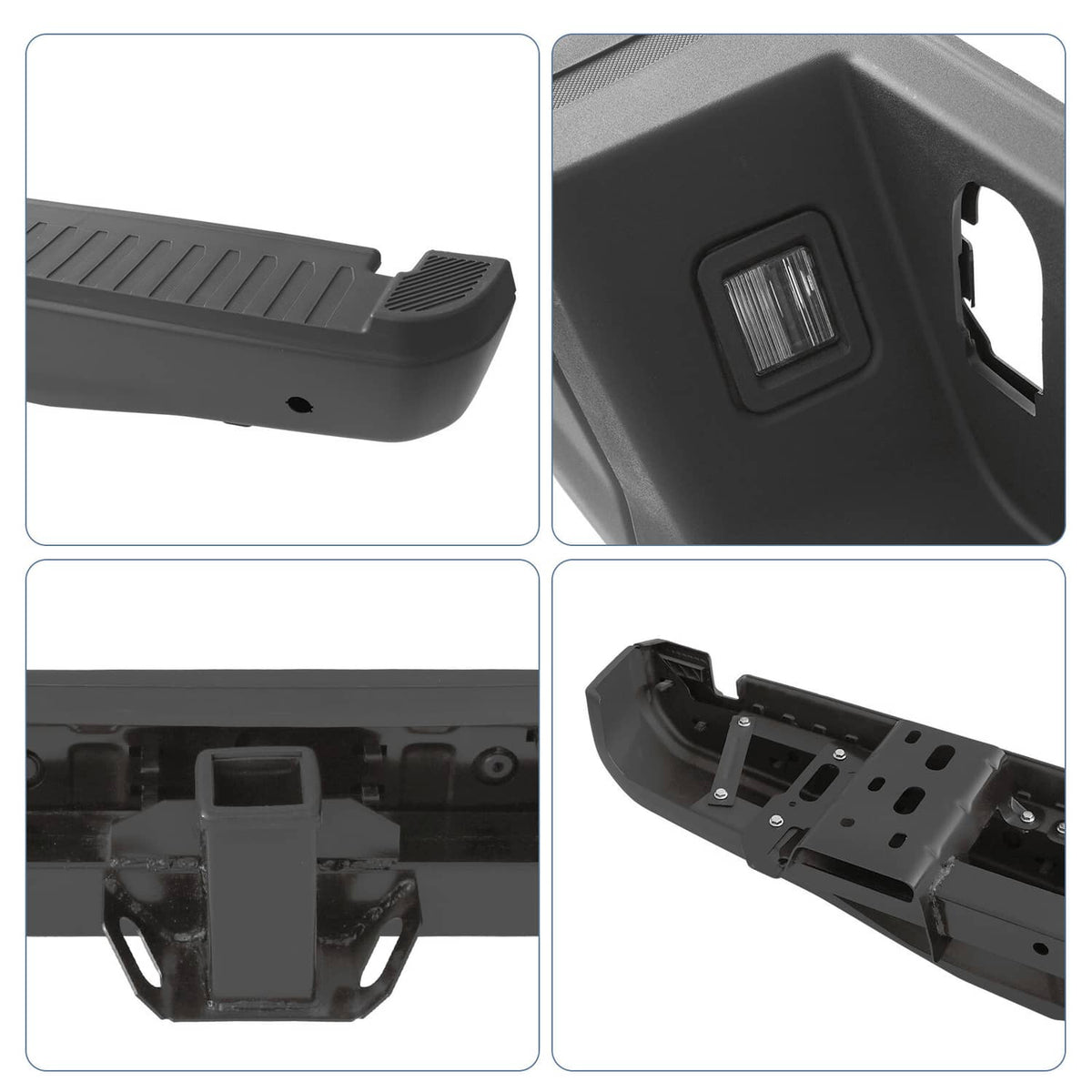 Black rear step bumper assembly with textured step and rectangular light/port detail