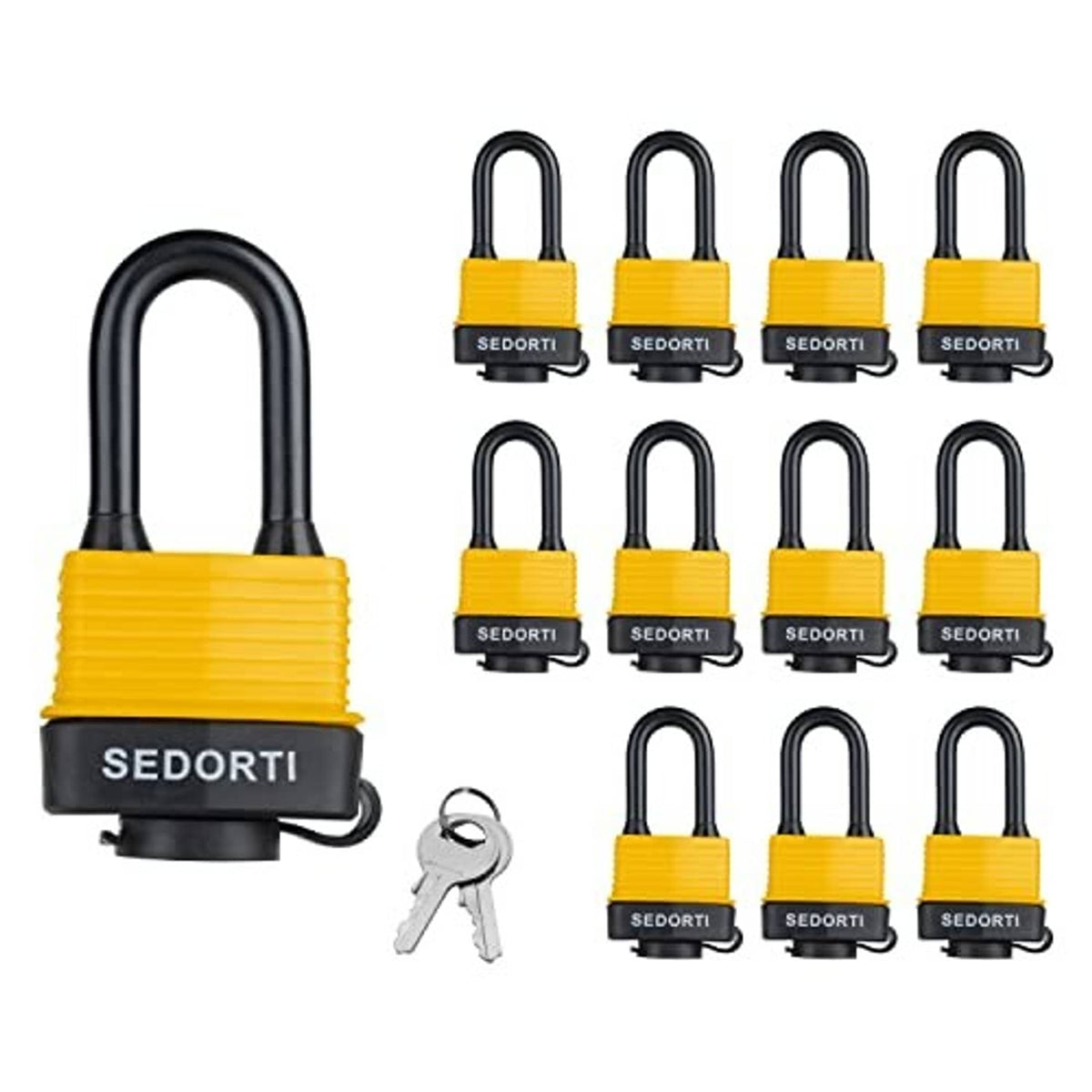 Set of yellow waterproof padlocks with black U-buckles and two matching keys