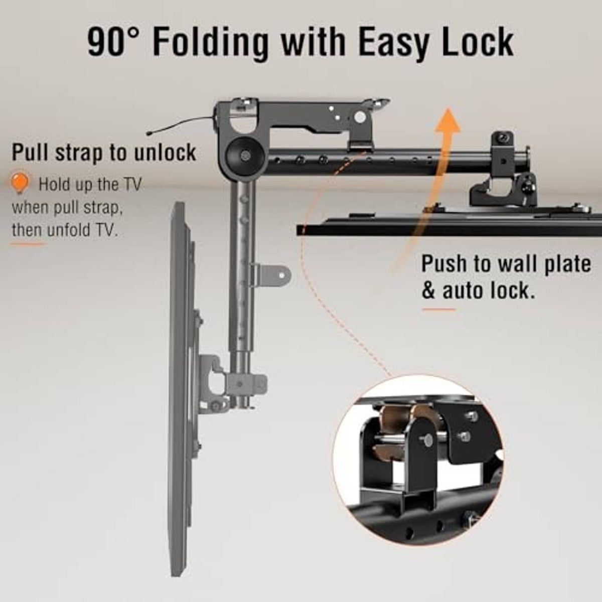 90° folding ceiling TV mount with easy-lock mechanism and wall plate mount points