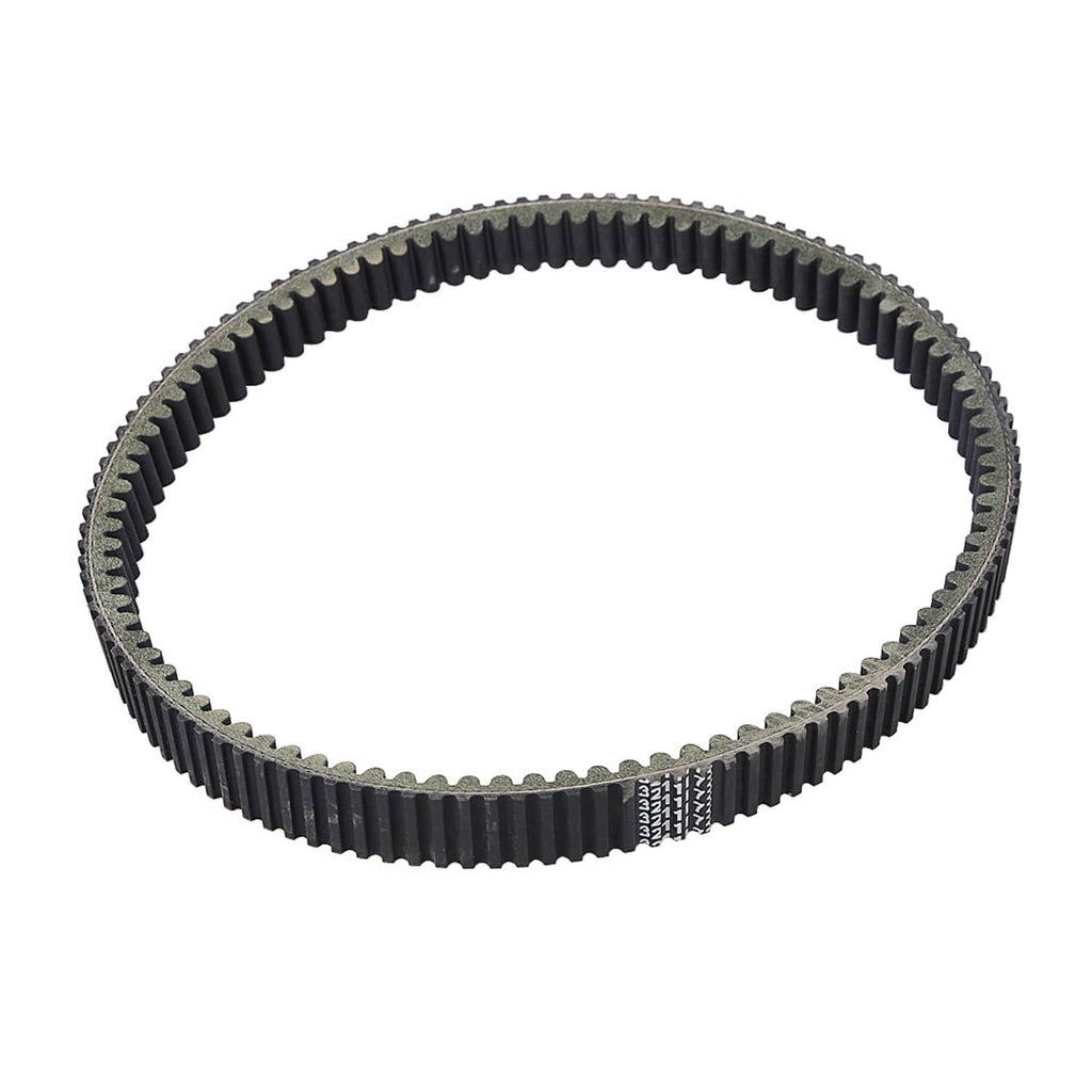 Drive belt loop with textured black ribs and traction teeth, close-up angle
