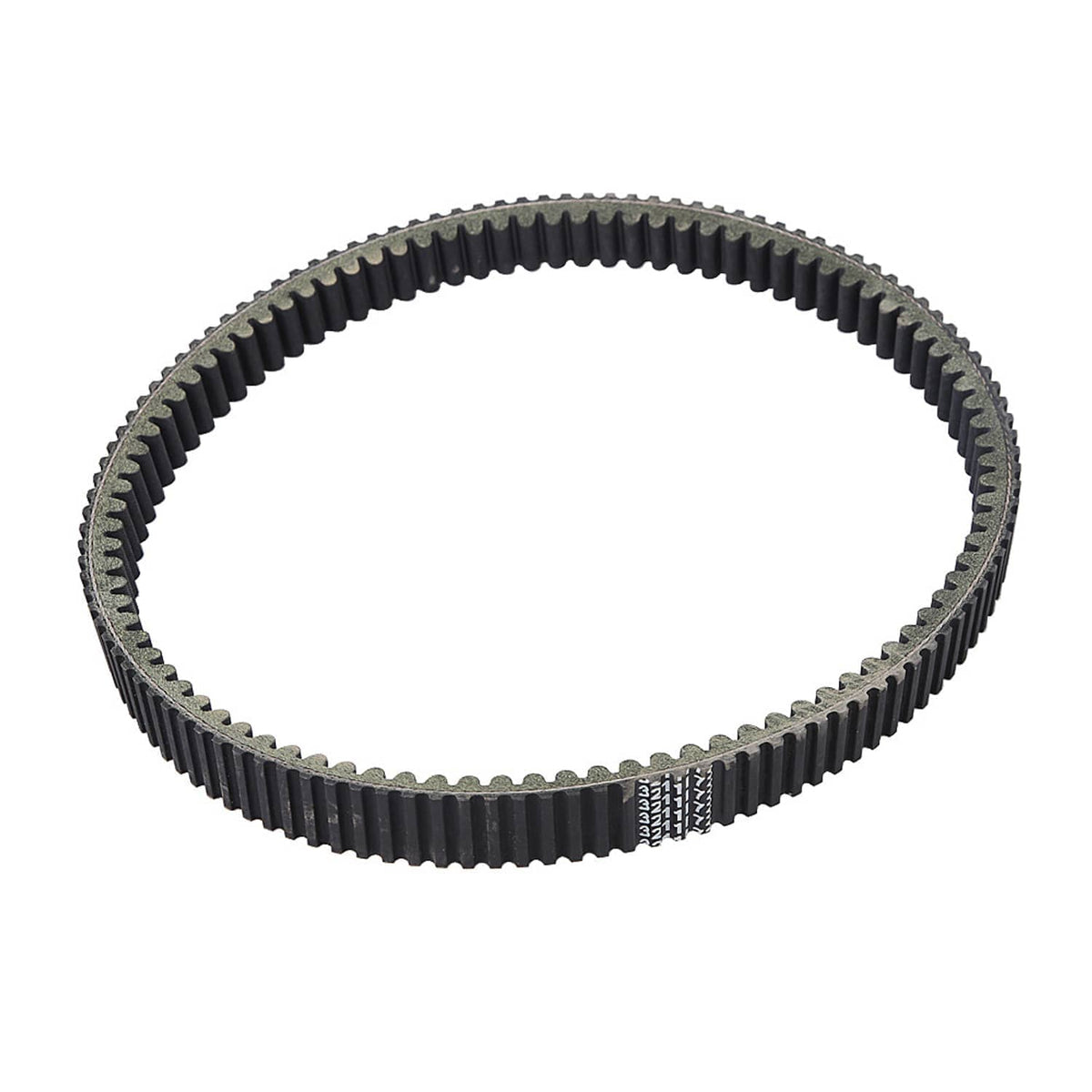 Drive belt loop with textured black ribs and traction teeth, close-up angle