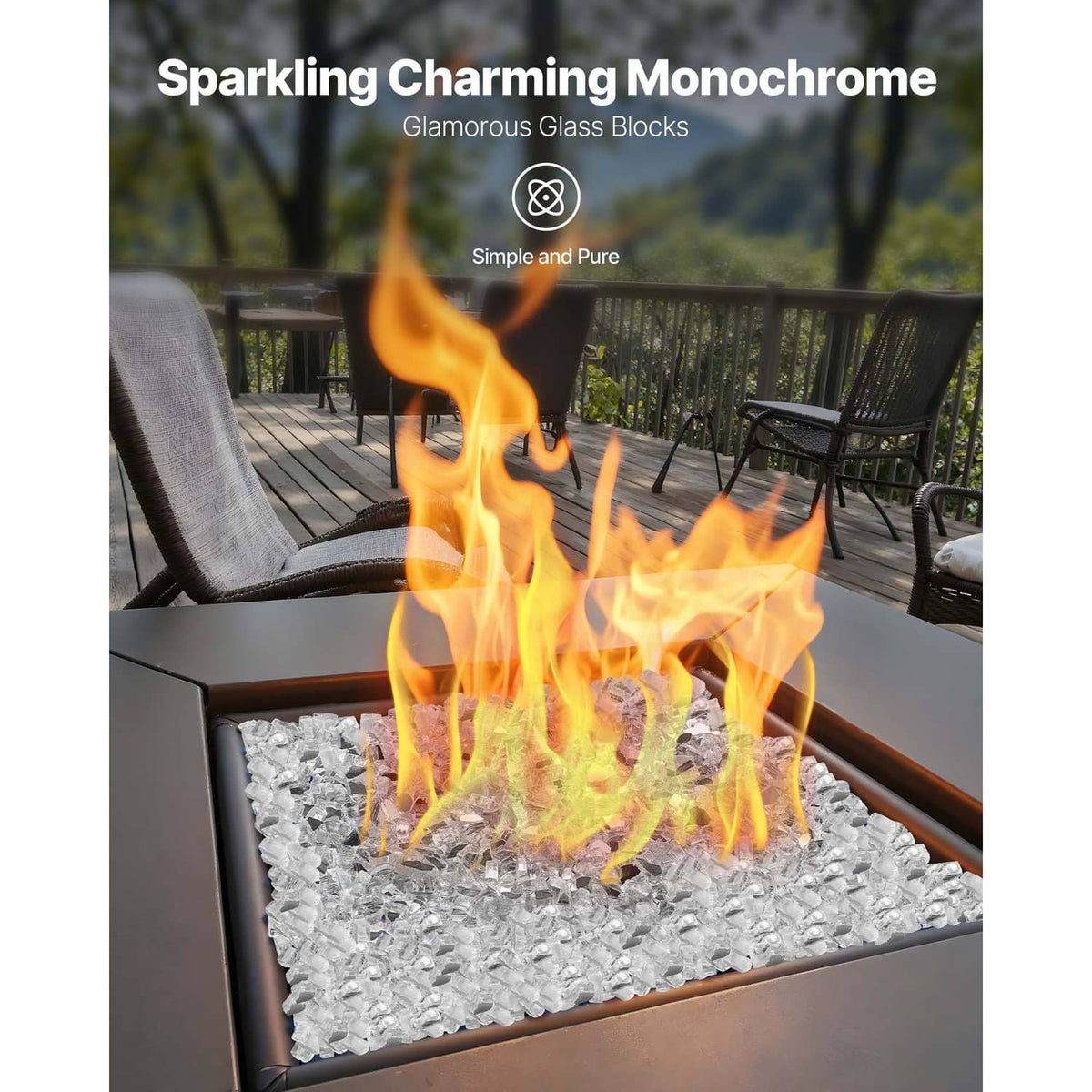 Clear crushed glass fire pit gems filling a square fire pit box, glowing flames visible
