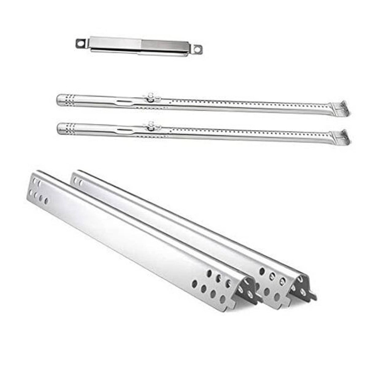 Stainless steel grill heat plate set with perforated shields and mounting bracket