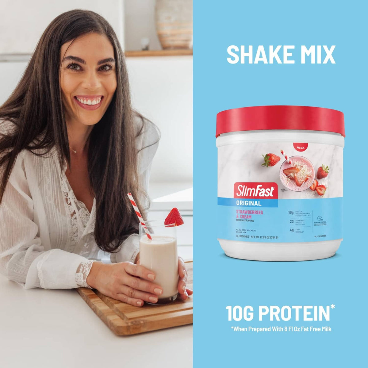 Slimfast strawberry shake mix tub with prepared shake in a glass