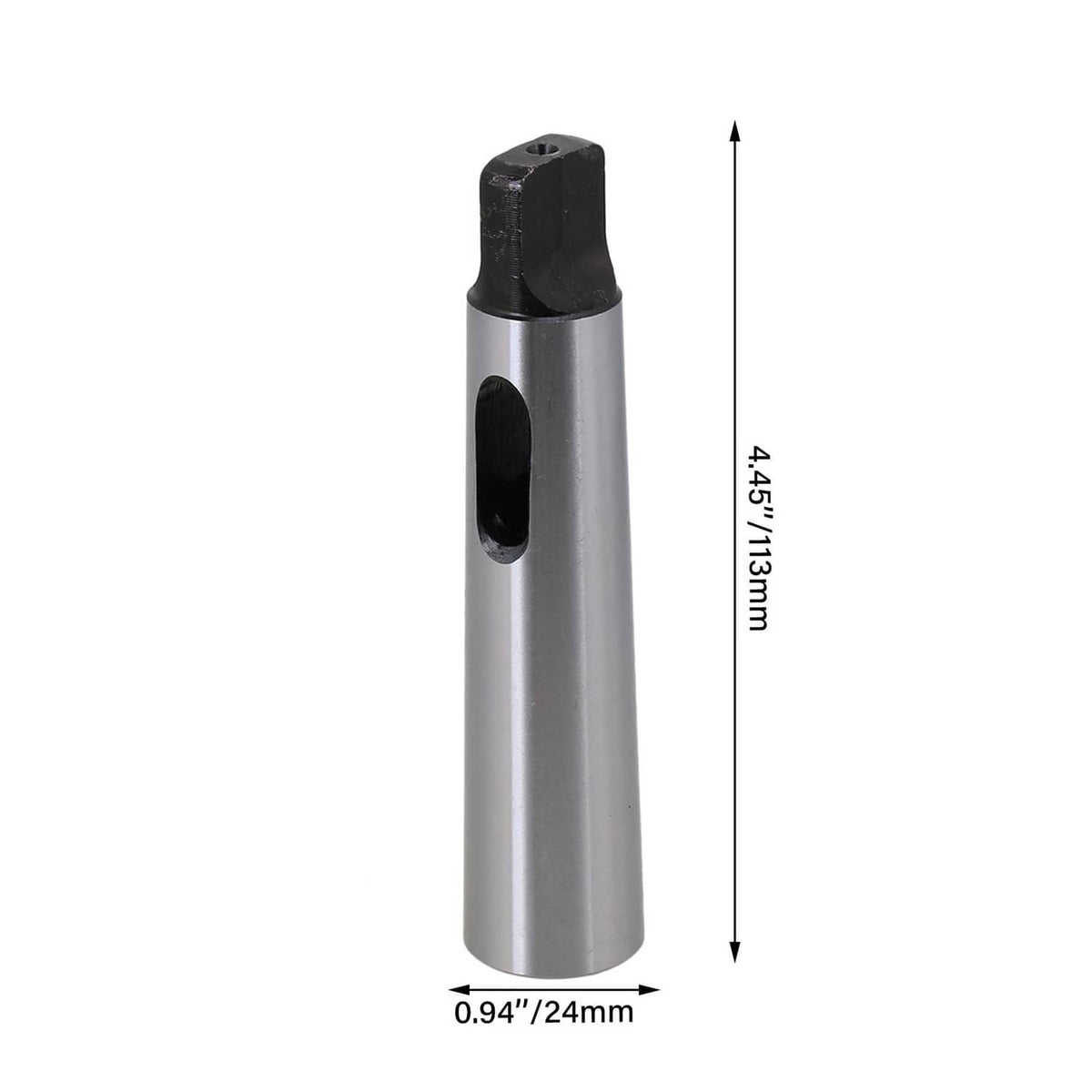 Silver Morse taper drill sleeve with black top block and oval key slot, size-marked