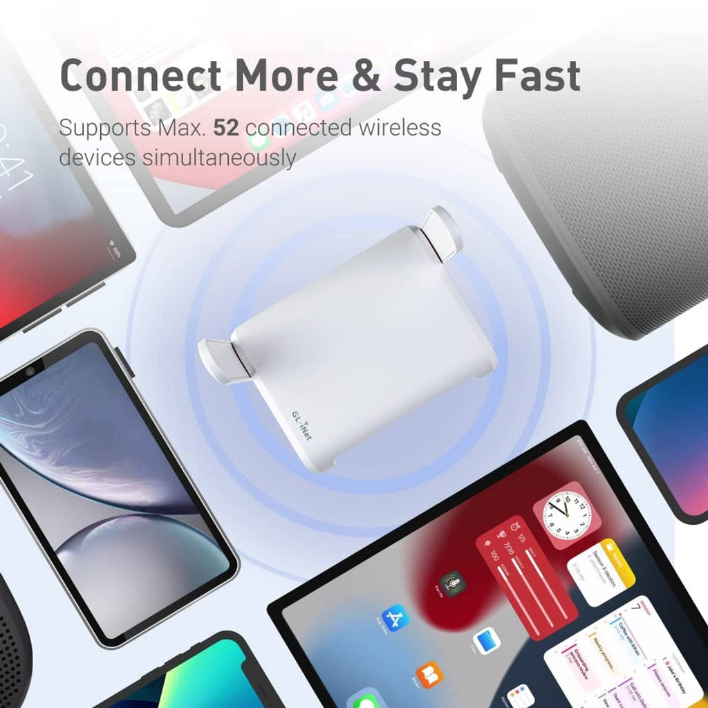 White mini Wi-Fi travel router with a power adapter shown near devices.