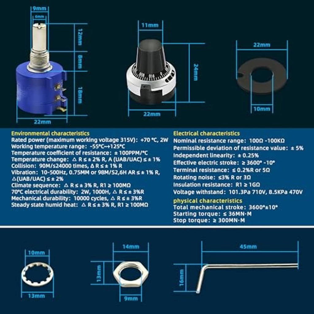 Blue potentiometer with metal threaded shaft and silver front ring, size dimension view