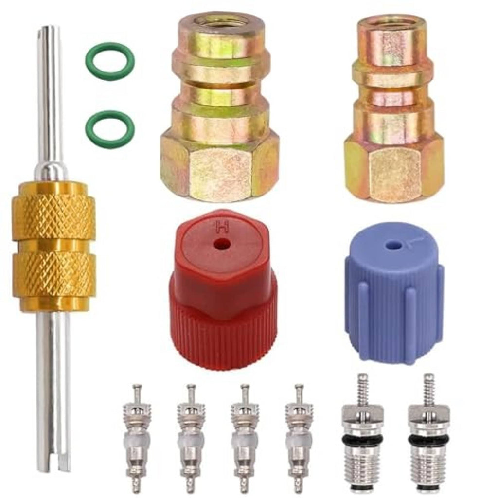 A/C retrofit fitting kit with gold coupler, green o-rings, red/blue caps, and connectors