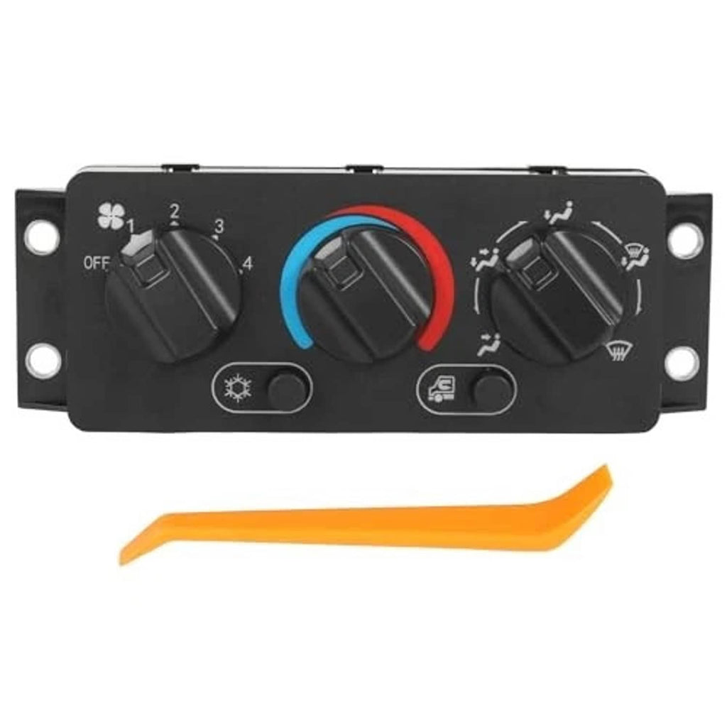 A/C climate control module panel with three rotary fan/temperature knobs and icon labels