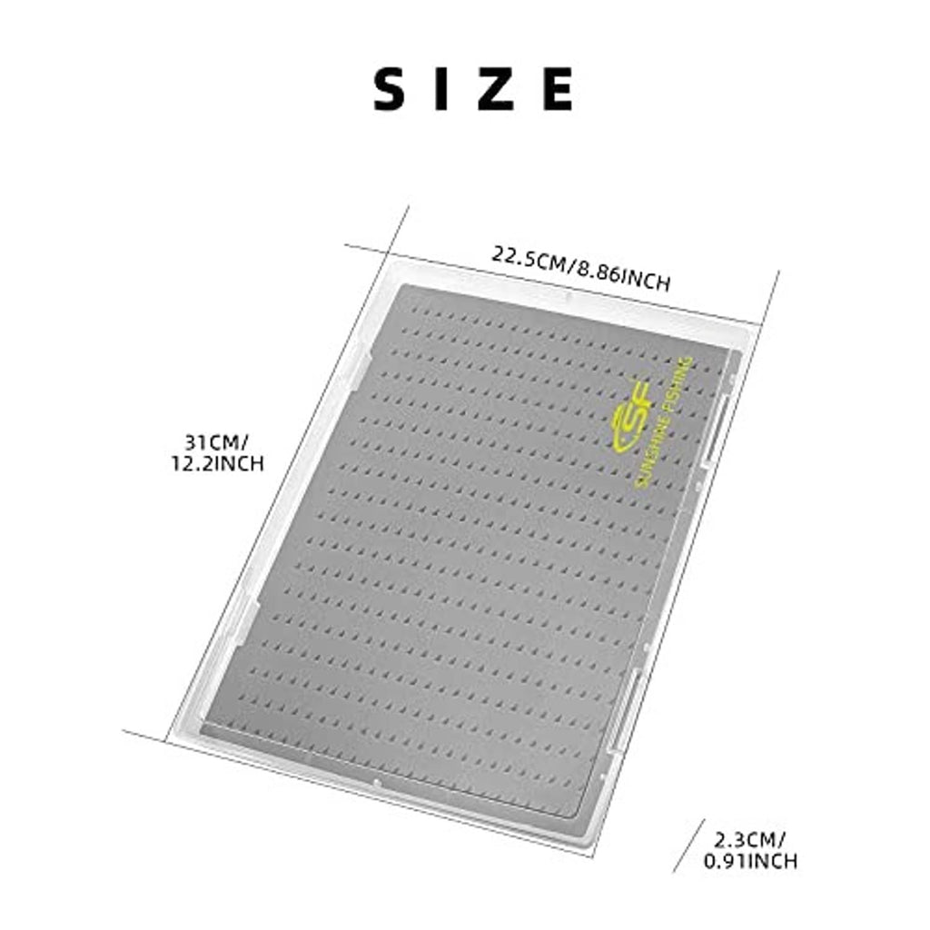 Extra-large clear fly fishing storage box with gray foam insert and many small slots