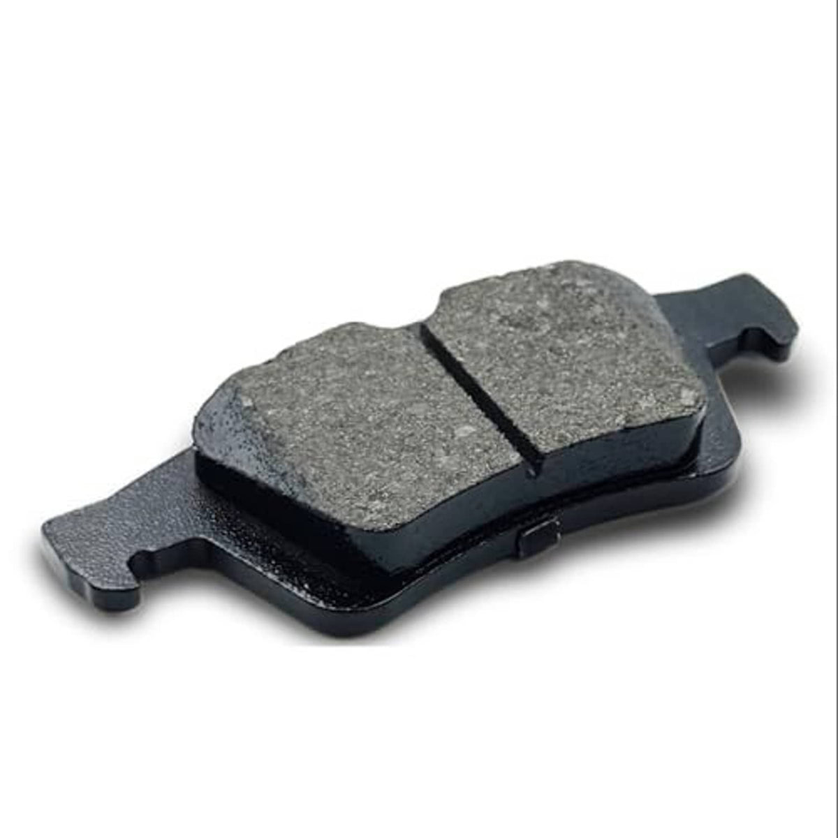 Ceramic brake pad, gray friction surface with black backing and mounting tabs