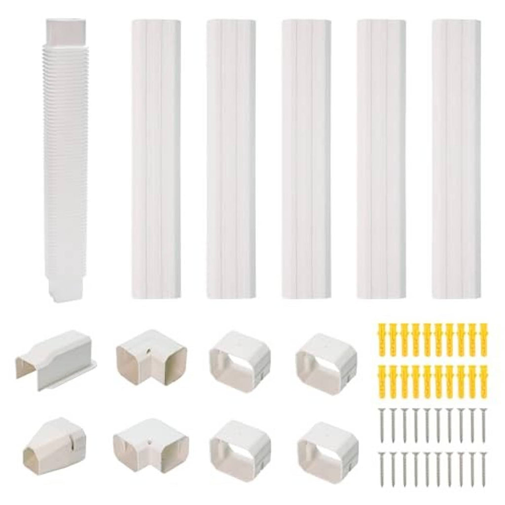 White PVC mini split line set cover kit with straight ducts, corner elbows, couplings, fasteners