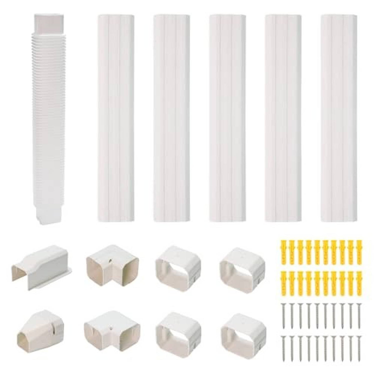 White PVC mini split line set cover kit with straight ducts, corner elbows, couplings, fasteners