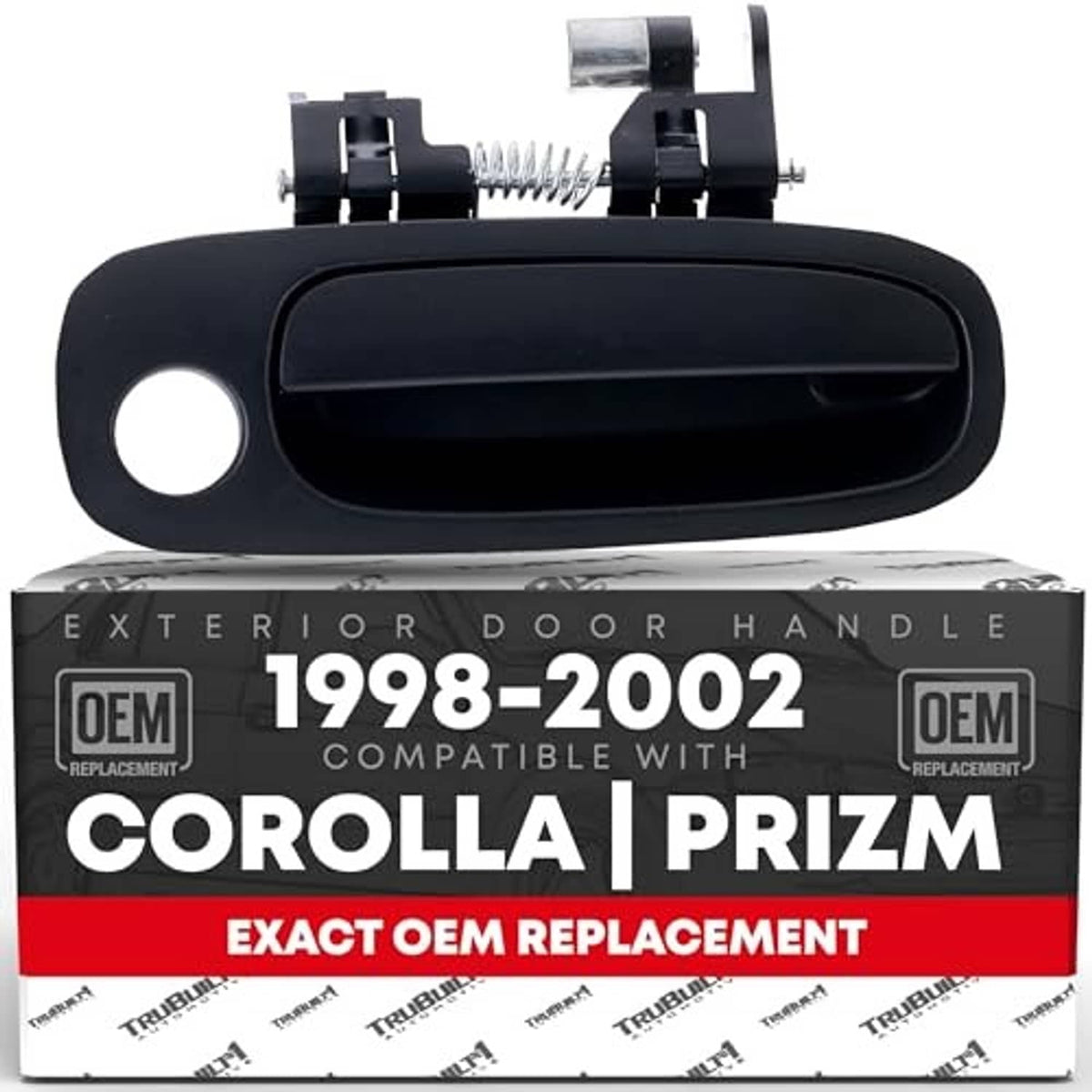 Black exterior front passenger door handle with curved lever and visible brackets