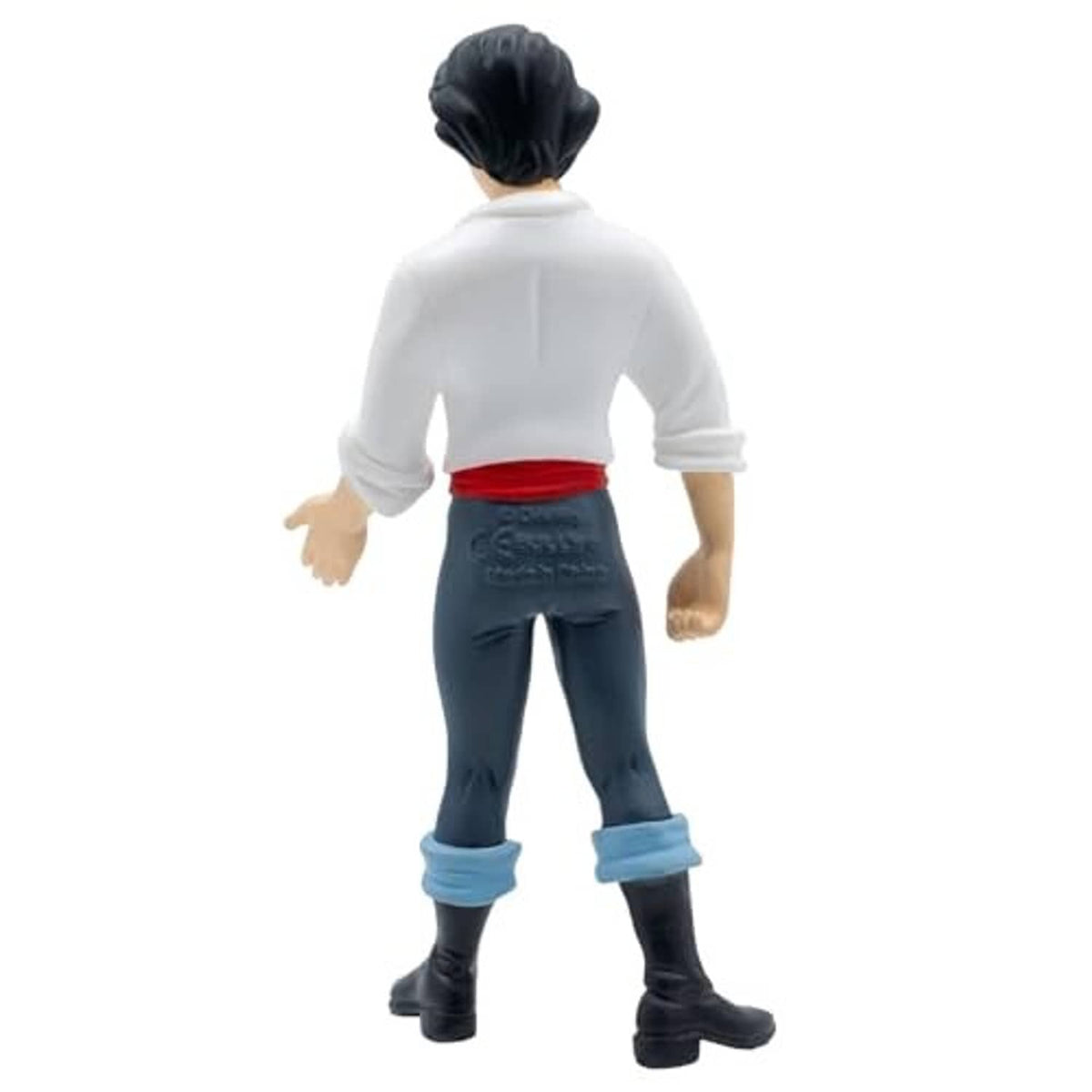 Hand-painted toy figure back view, white shirt and red sash with dark pants