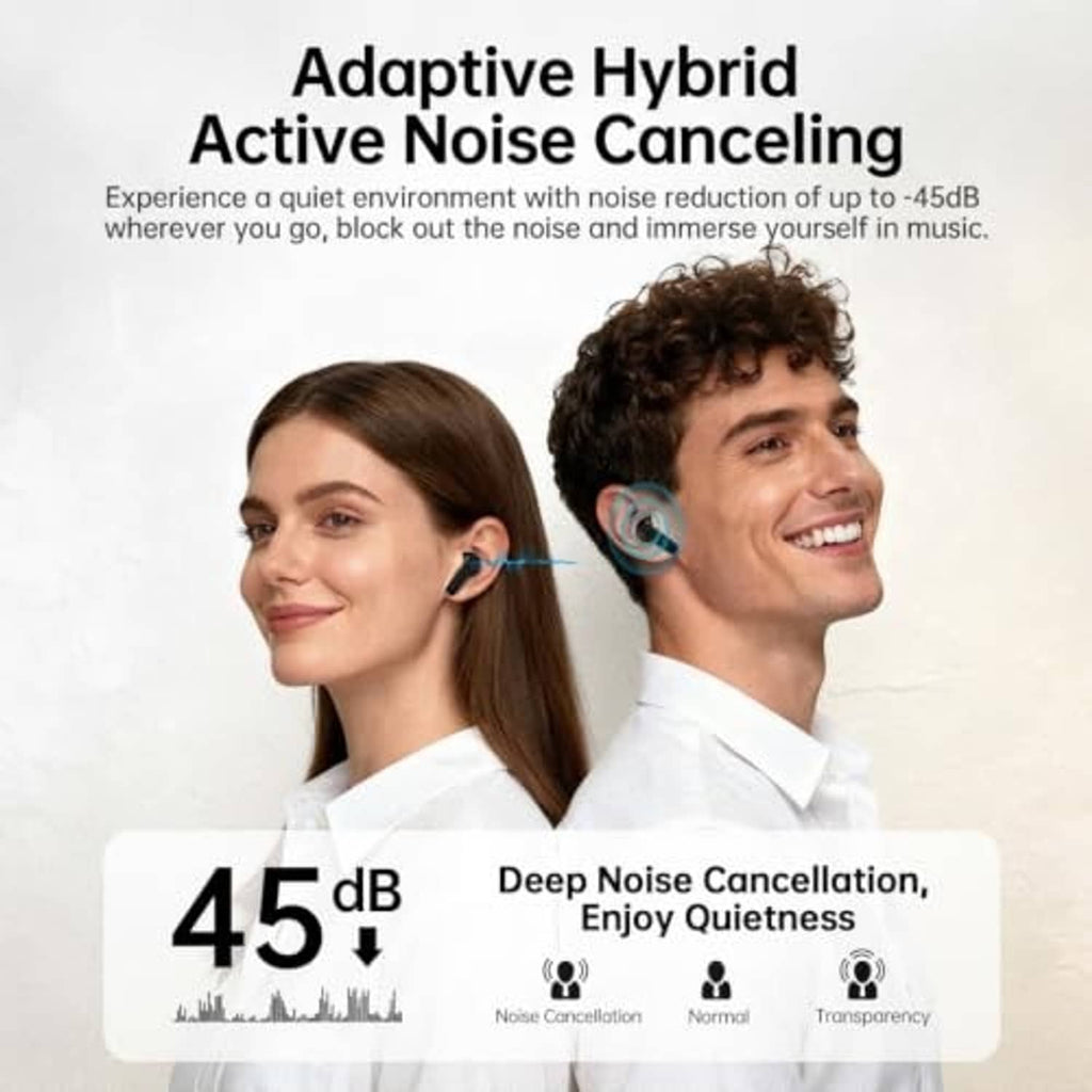 Black wireless earbuds worn by a man and woman, with call waveform overlay