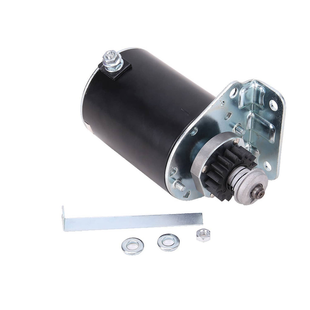 Small engine starter motor with black housing, gear end and mounting flange, hardware