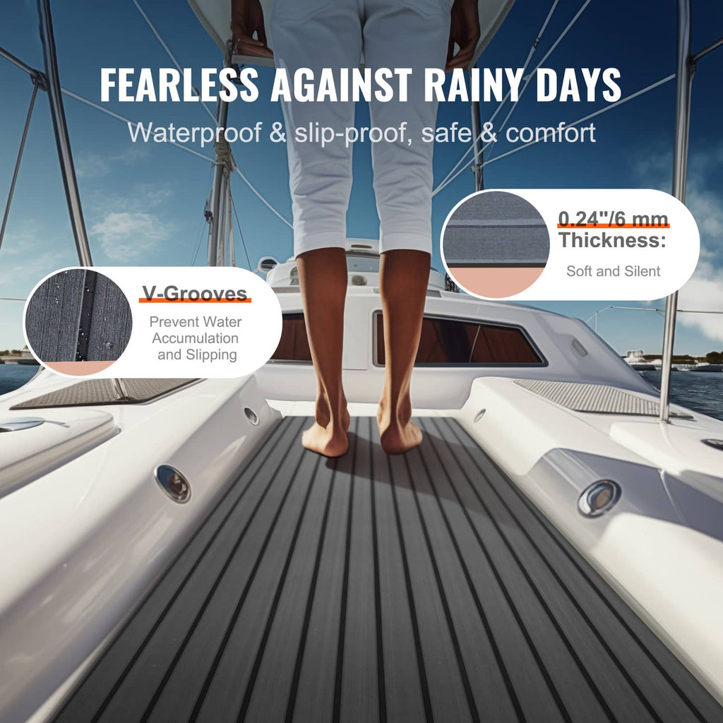 Dark gray marine deck flooring on yacht deck with V-groove texture for slip resistance