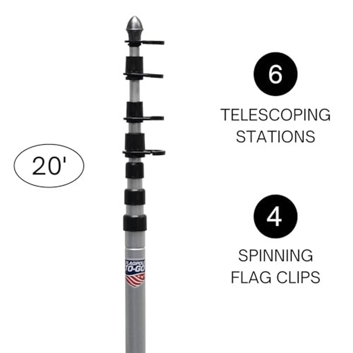 Telescoping aluminum flagpole with multiple sections and spinning flag clips