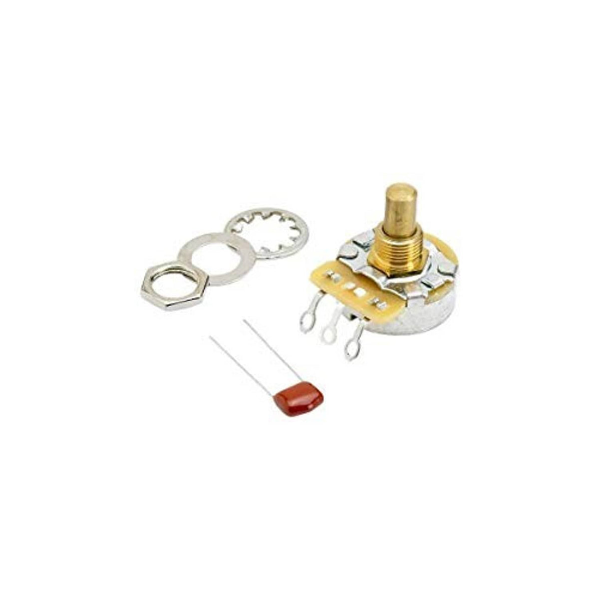 Audio potentiometer with gold threaded shaft, metal mounting hardware and red cap