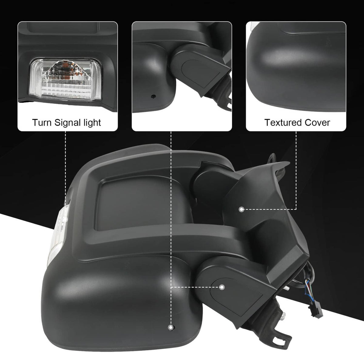 Right passenger door mirror with integrated turn signal light and textured cover