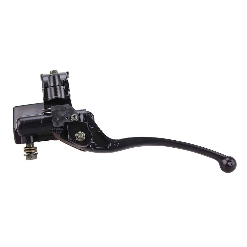 ATV brake master cylinder with black lever and hose fitting, side close-up