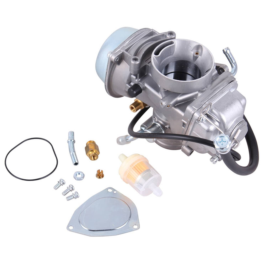 Silver carburetor with air horn and black fuel hose, shown with included O-rings and gasket