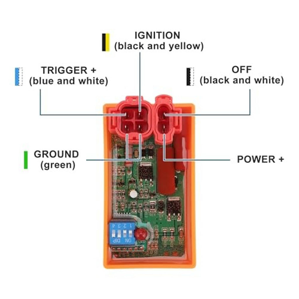 Orange CDI box with wiring pinout lines and labeled terminals over green circuit board.