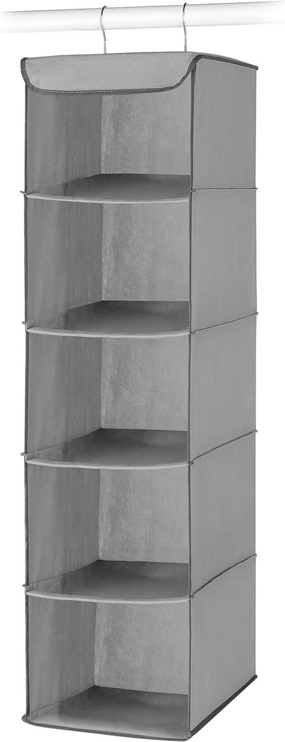 Gray hanging closet organizer with metal frame, five empty open shelves