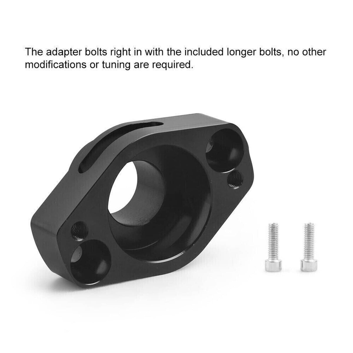 Black blow off valve adapter bracket with circular port and two included mounting bolts
