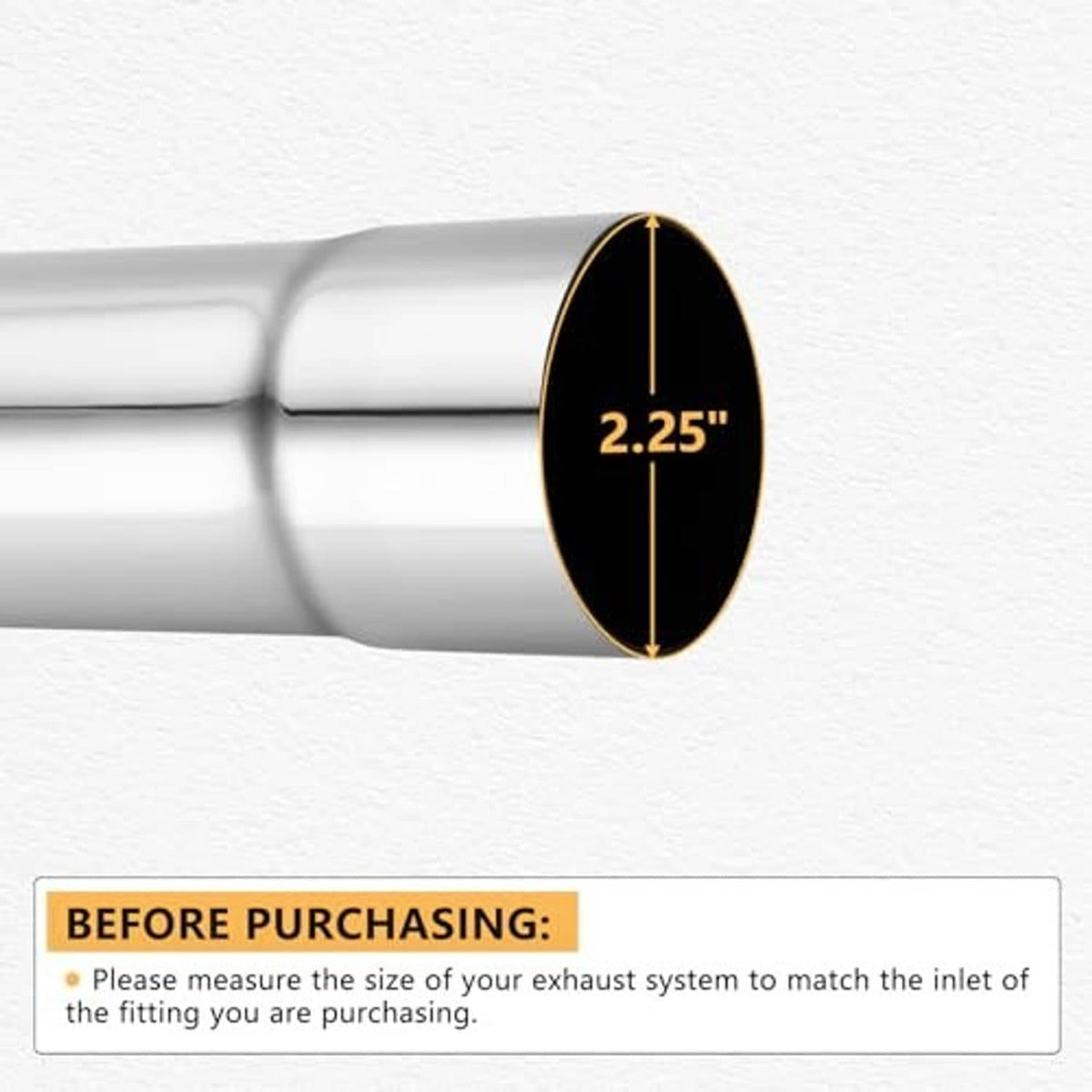 2.25 in diameter round opening on stainless steel exhaust tube end, measured