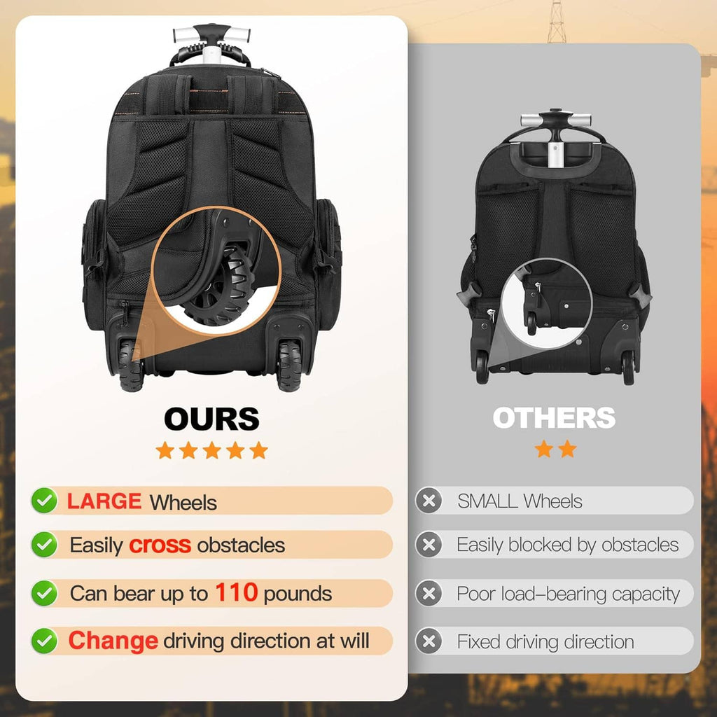 Black rolling tool backpack with extended pull rod shown from front and side angles
