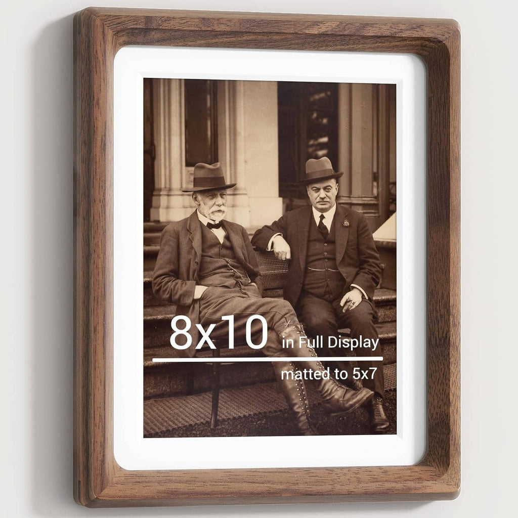 8x10 walnut wood picture frame with white mat and tempered glass, front view