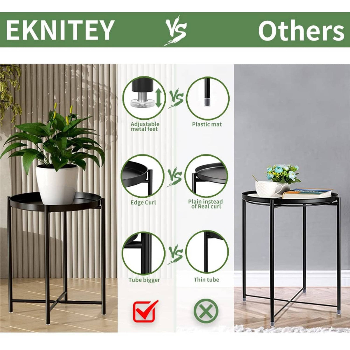 Black metal side table with round top and slender legs, compared to other styles