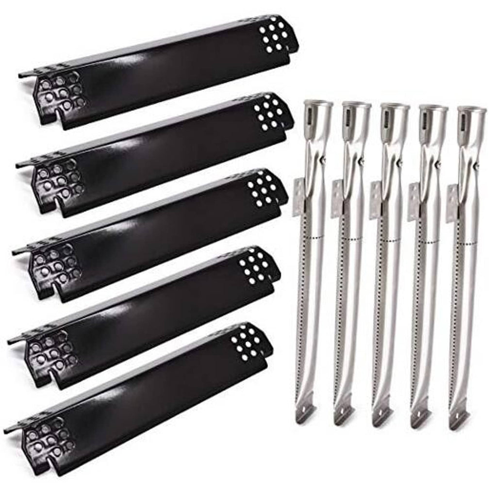 Set of five black porcelain steel grill burner tubes with stainless mounting hardware