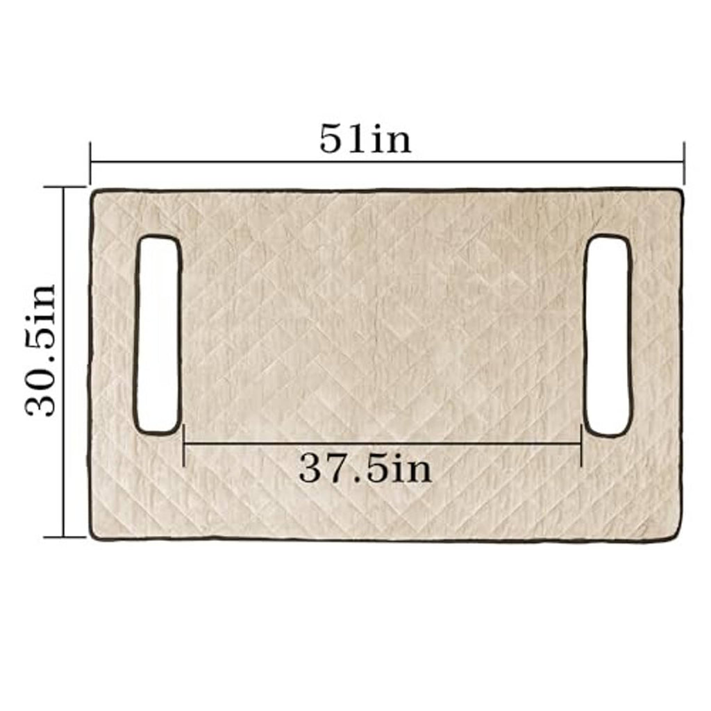 Beige quilted seat cover panel with two handle cutouts, size 51 in by 30.5 in.