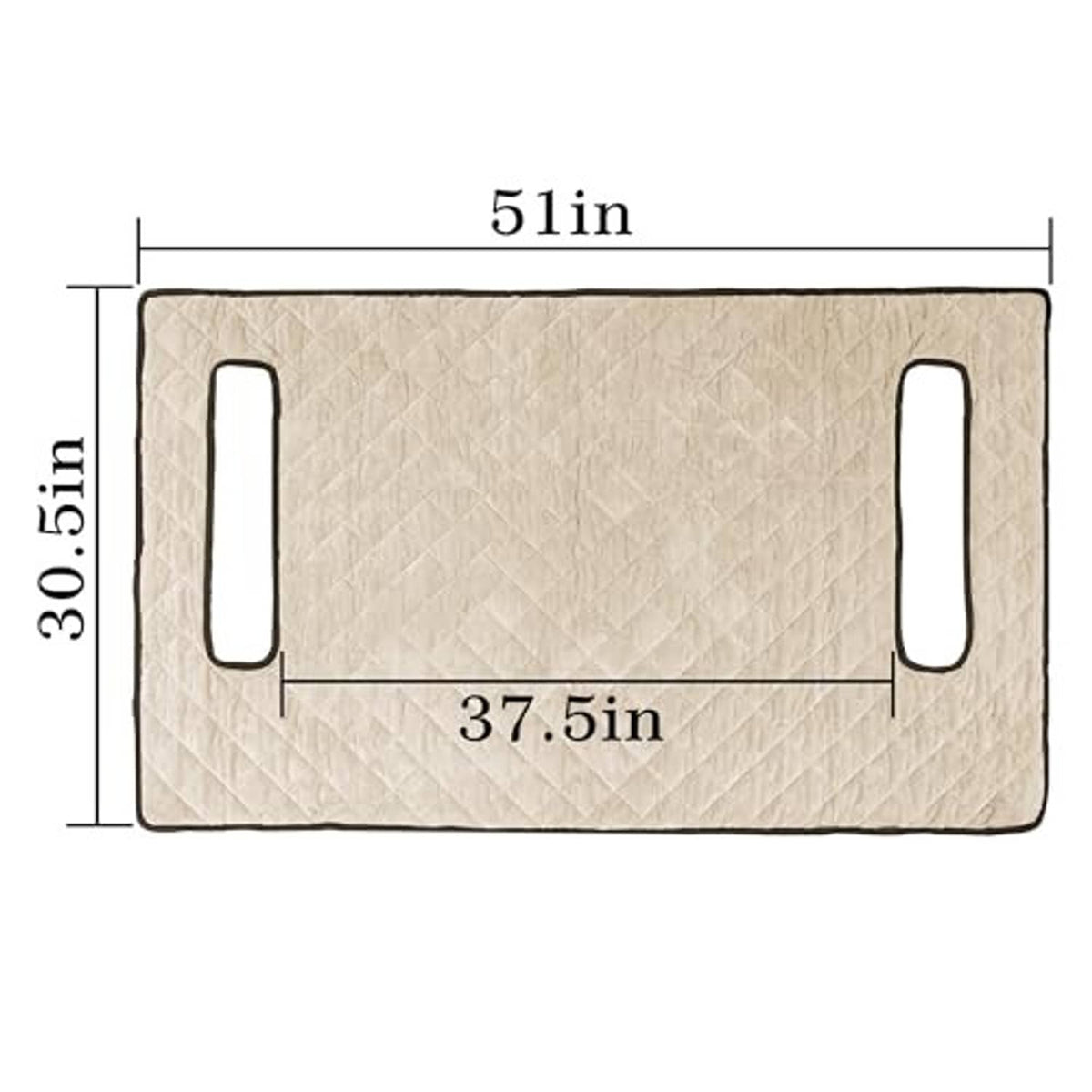 Beige quilted seat cover panel with two handle cutouts, size 51 in by 30.5 in.