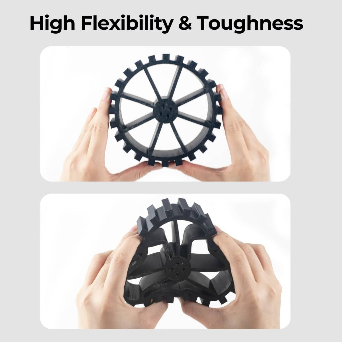 Black TPU filament flex demonstration parts, shown held by hands