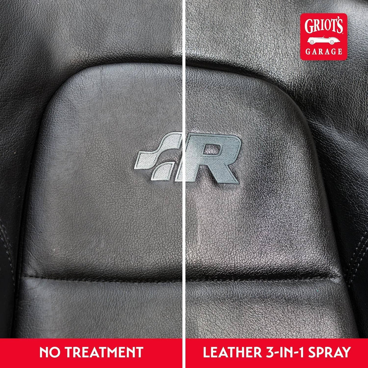 Leather upholstery close-up: treated finish on dark car seat compared to untreated area