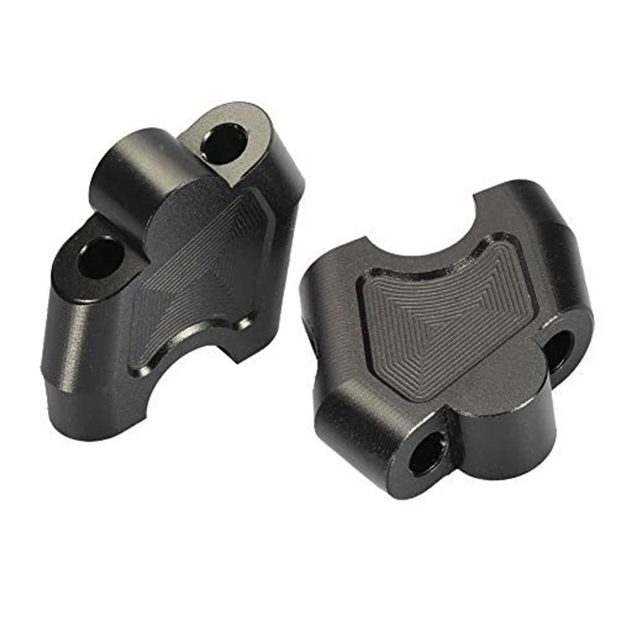 Black CNC handlebar riser mounts with textured grip pads and bolt holes