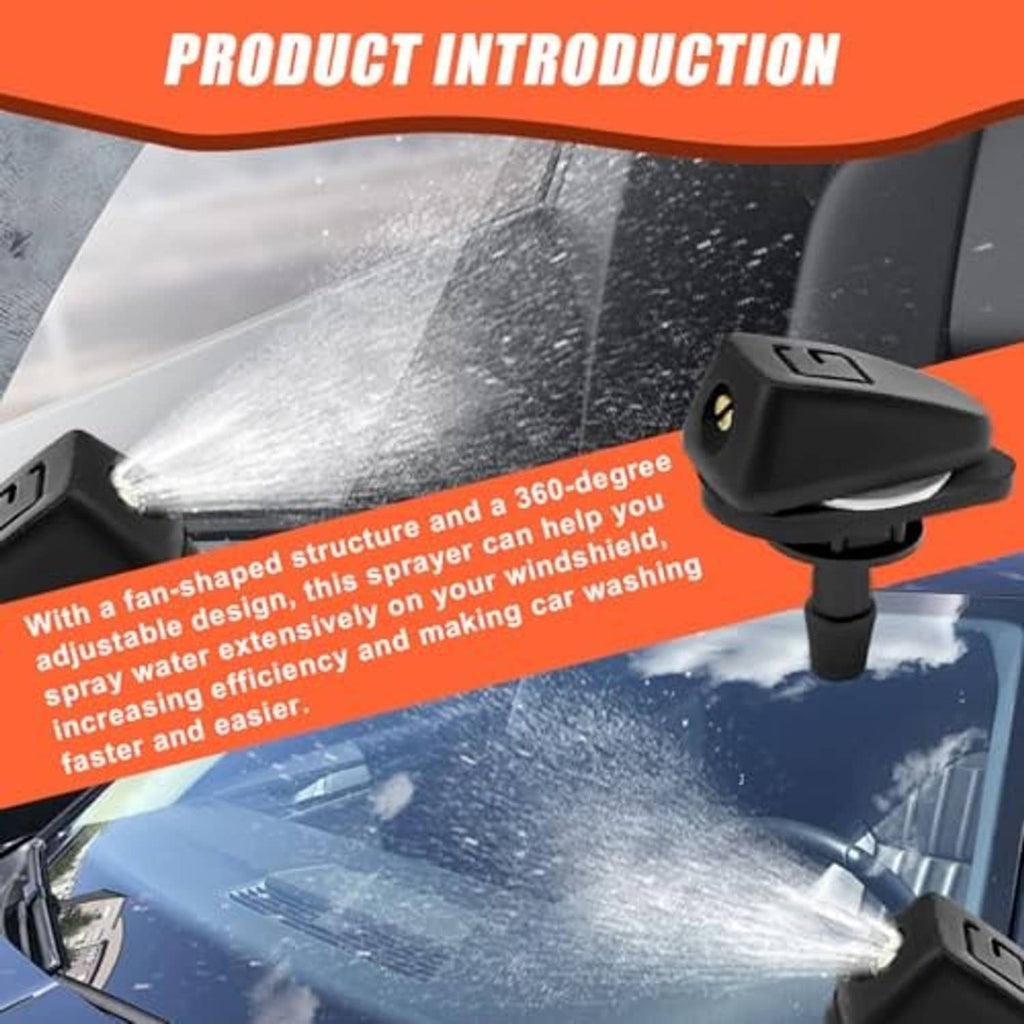Black windshield washer sprayer head spraying water across a car windshield surface