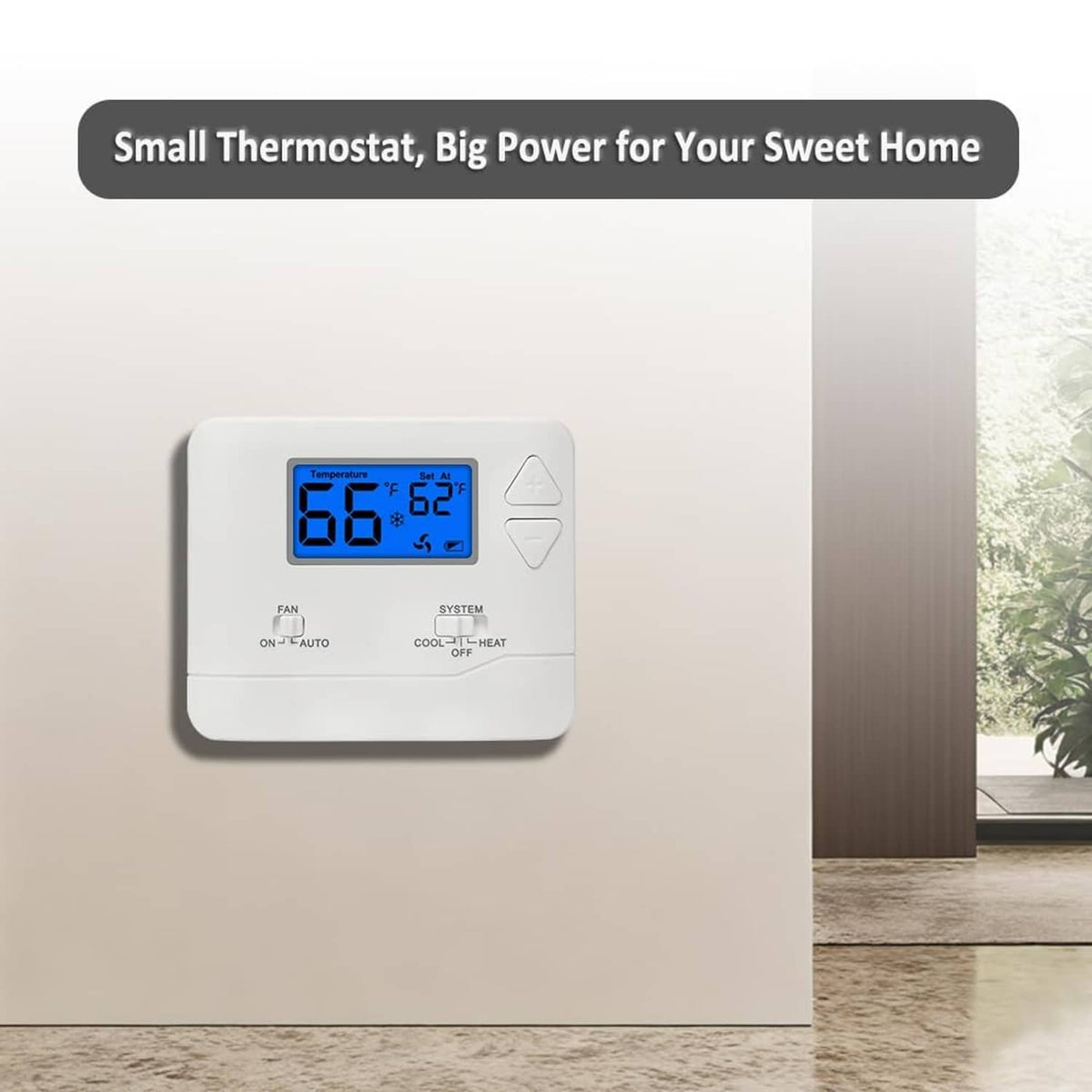 Compact white digital thermostat with blue display mounted on a wall