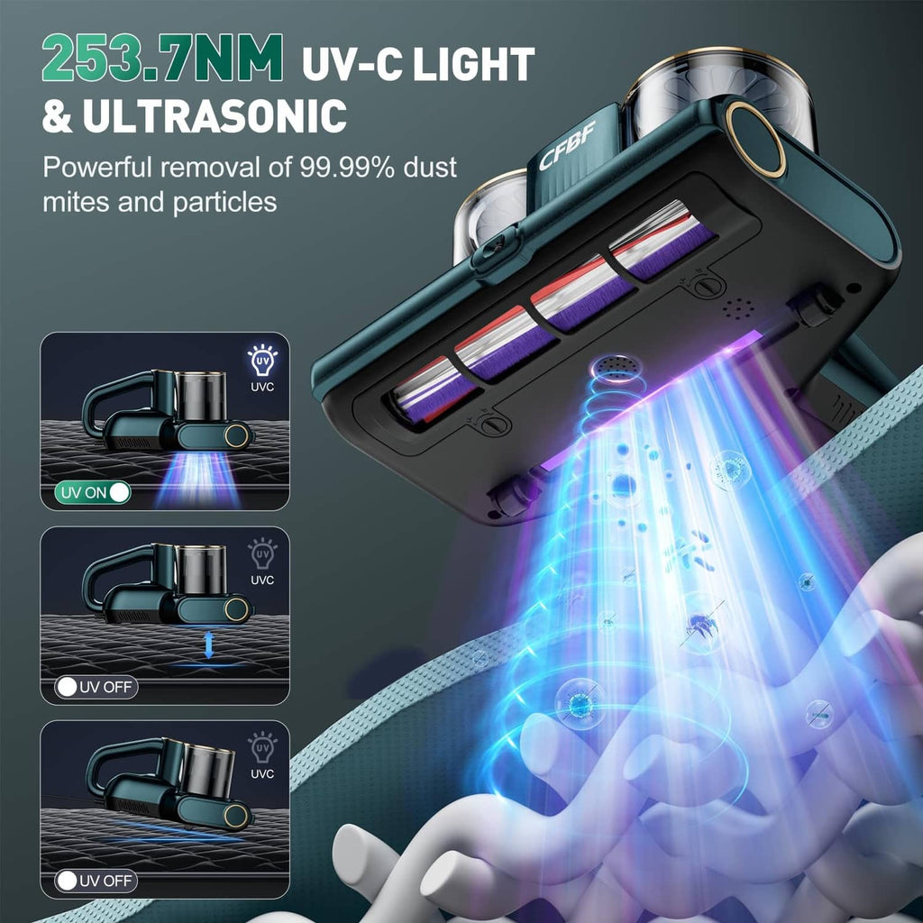 Dark cyan mattress vacuum cleaner showing UV-C light window over the suction head