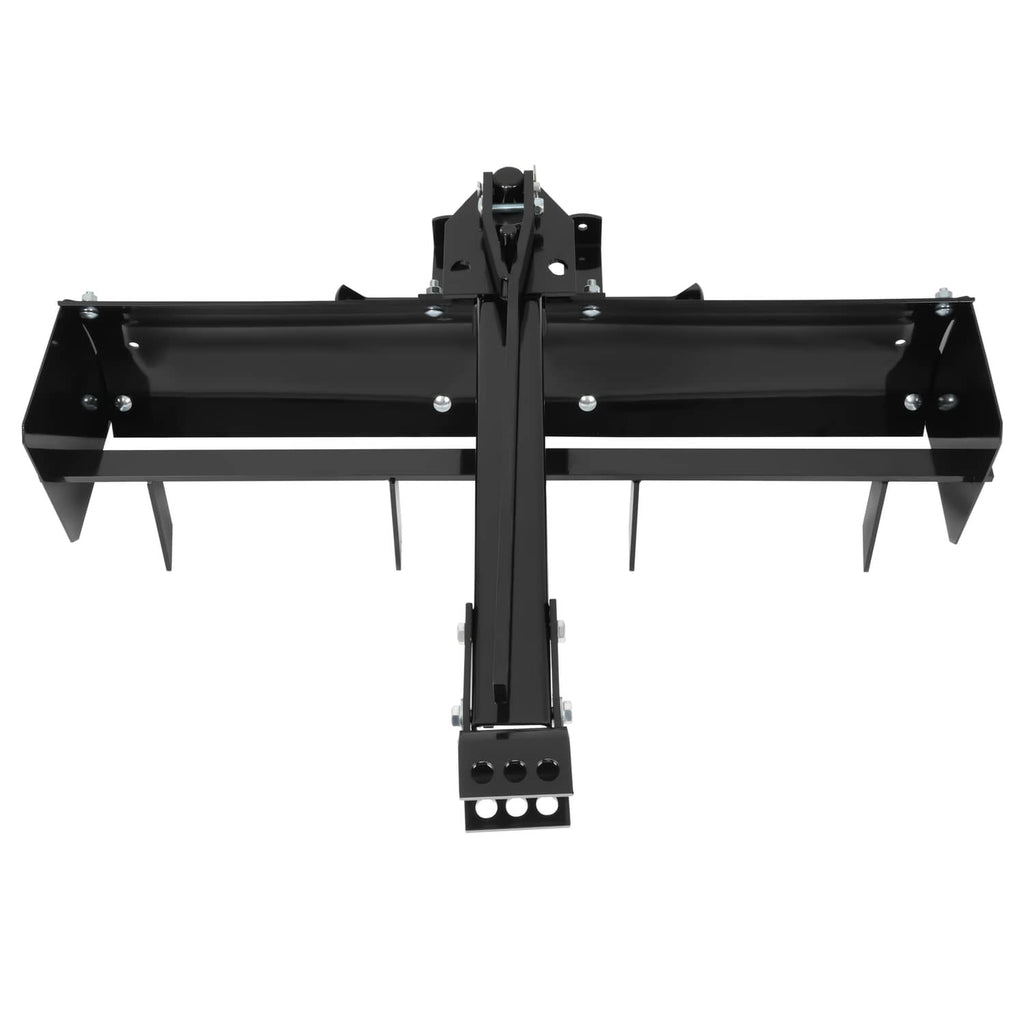 Black steel tow-behind box scraper blade with center support and front cutting spikes