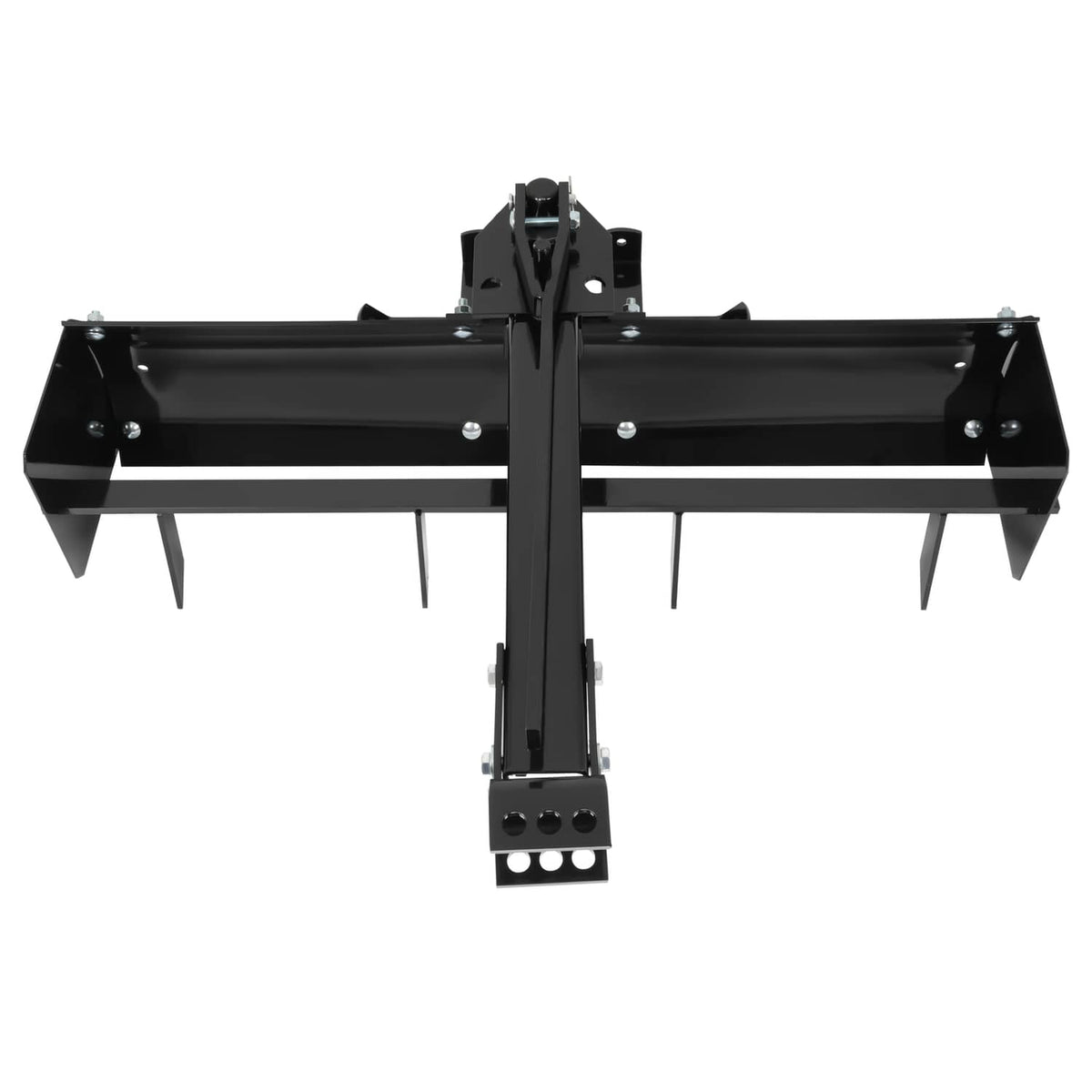 Black steel tow-behind box scraper blade with center support and front cutting spikes