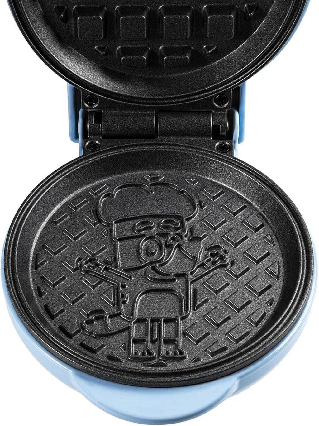 Open mini waffle maker showing black nonstick waffle plate with chef emboss