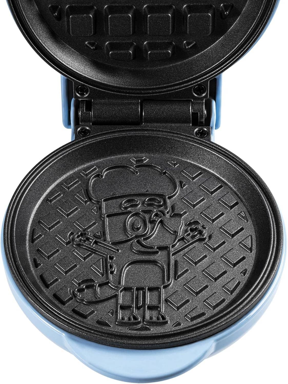Open mini waffle maker showing black nonstick waffle plate with chef emboss